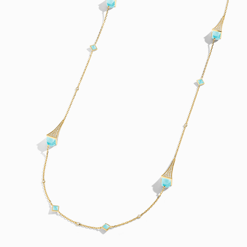 Cleo Luxe Long Chain Diamond Necklace Marli New York Yellow Sea Blue Chalcedony 