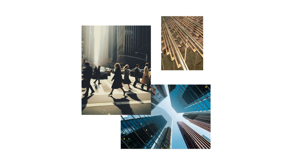 Collage of urban scenes including people walking, high-rise buildings, and a city skyline.