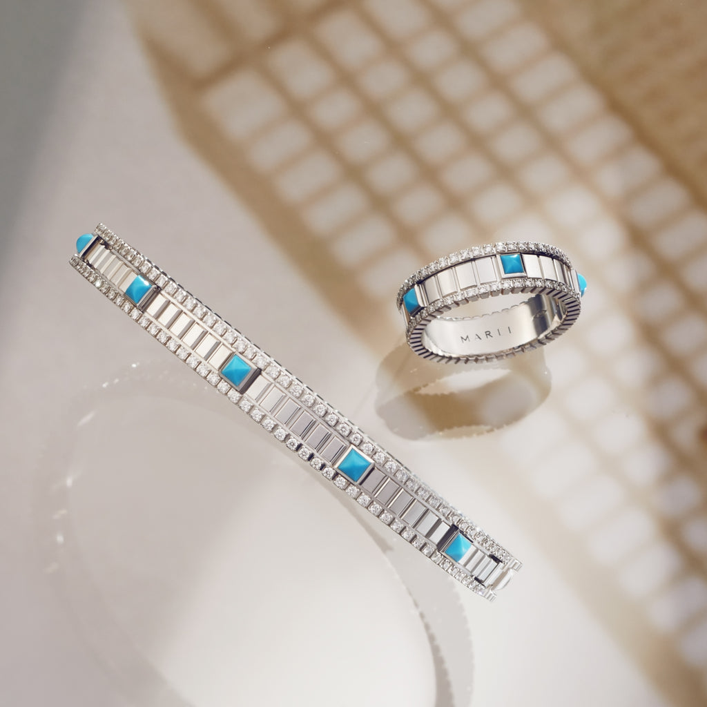Life Diamond Ring and LIFE Diamond Bracelet in White Gold with Turquoise stone 