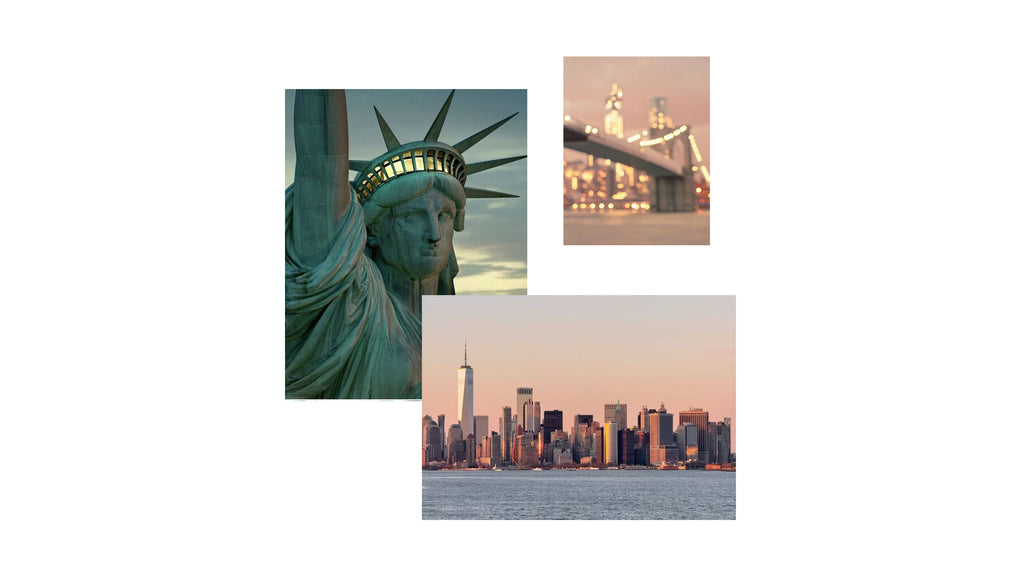 Collage of images including the Statue of Liberty, a city skyline, and a bridge at night.