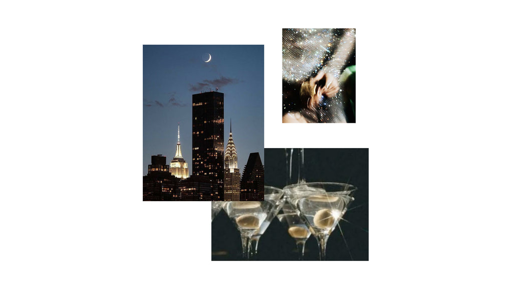 Collage of a cityscape at night, a close-up of a cocktail, and a couple embracing.