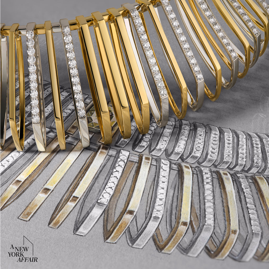 Gold and silver jewelry set on a textured gray surface with 'A New York Affair' branding.