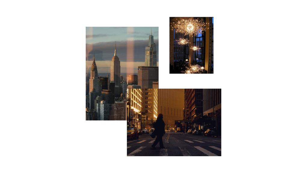 Collage of cityscape images with tall buildings and a person walking.