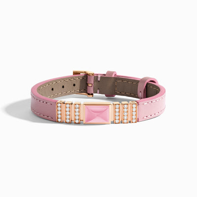 UNII Gold and Pavé Diamond Leather Strap Bracelet Marli New York Rose Pink Quartzite S