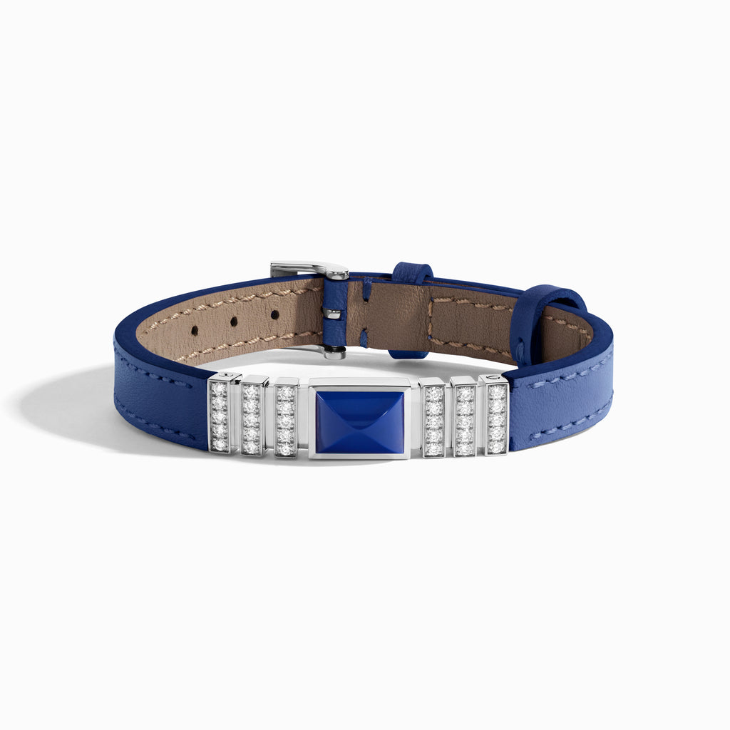 UNII Gold and Pavé Diamond Leather Strap Bracelet Marli New York White Lapis Lazuli S